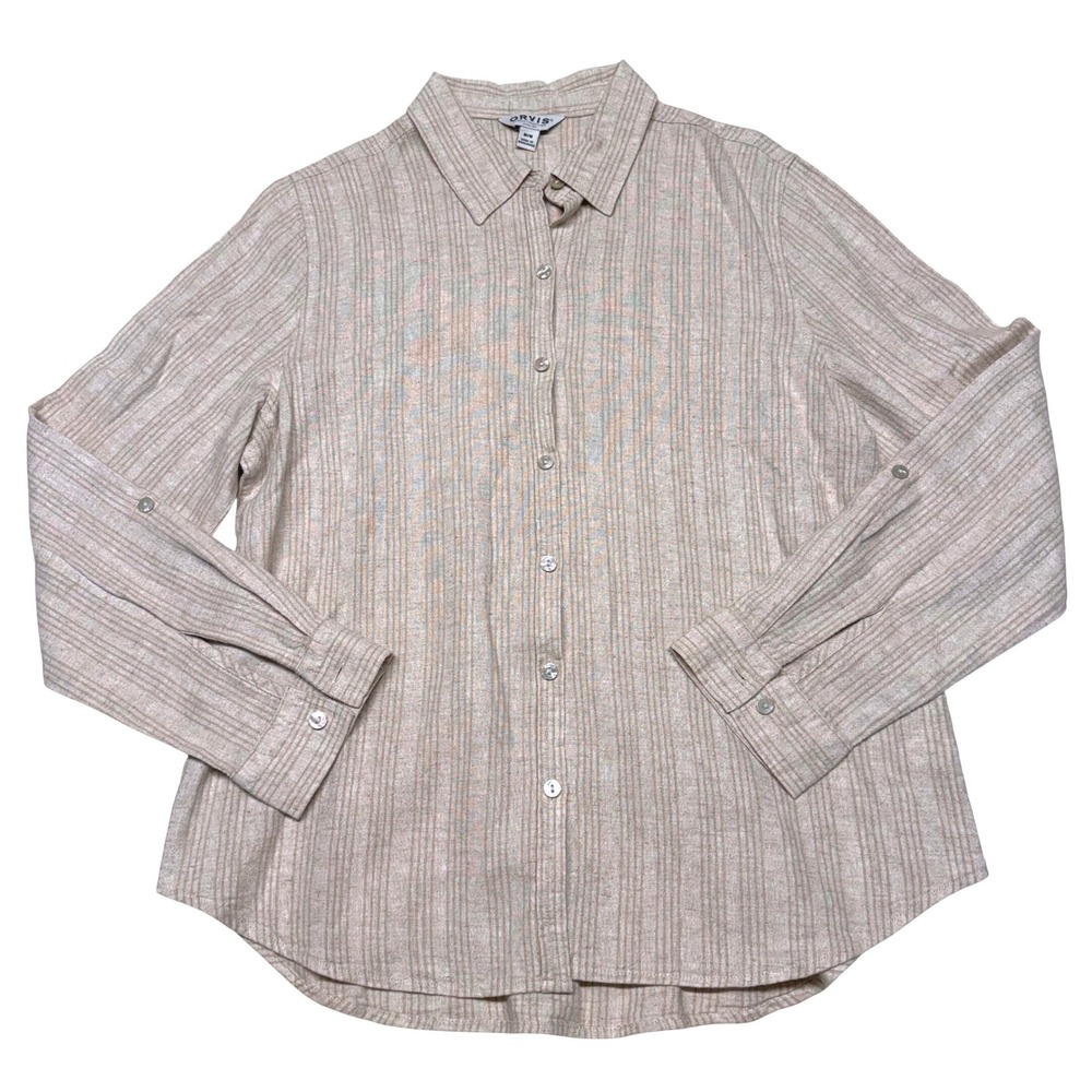 Orvis Womens Beige Striped Linen Blend Roll Tab Long Sleeve Button‎ Down Shirt M